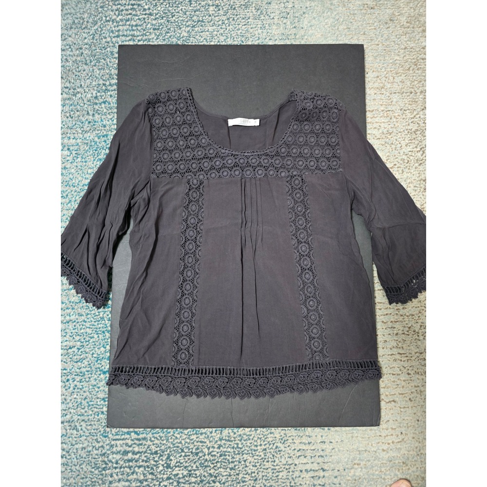 Solitaire Womens Gray Crochet Trim 3/4 Sleeve Rayon Blouse Top - Medium (A)